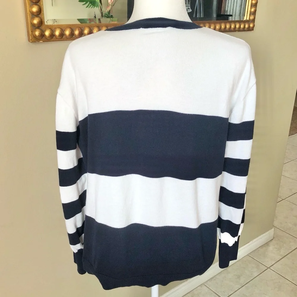 Elliott Lauren Embroidered Navy Striped Knit Pullover Cotton Sweater Large